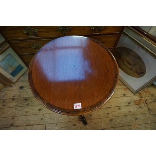 1273 - A Victorian mahogany and walnut crossbanded circular tripod table, labelled 'Manufacturers To Her Ma... 