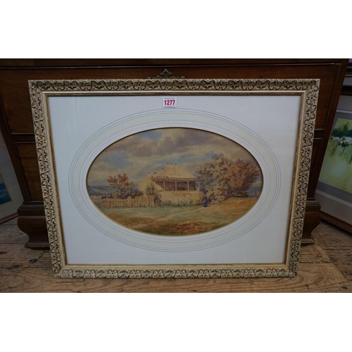 1277 - Hedwig Calmelet, a farmstead, signed and dated 1851, watercolour, 27 x 42.5cm, in an oval mount; tog... 