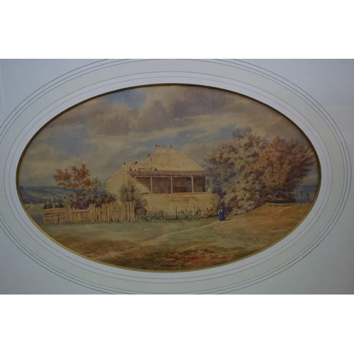 1277 - Hedwig Calmelet, a farmstead, signed and dated 1851, watercolour, 27 x 42.5cm, in an oval mount; tog... 