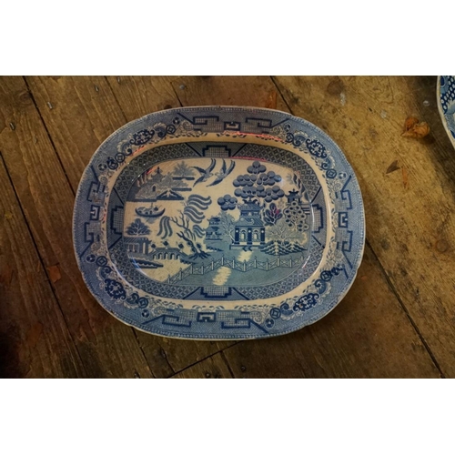 1286 - A collection of 19th century blue and white meat plates, to include a Davenport 'Well' example, 52cm... 