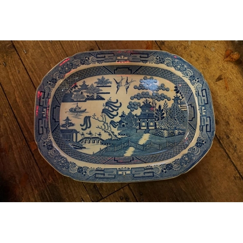 1286 - A collection of 19th century blue and white meat plates, to include a Davenport 'Well' example, 52cm... 