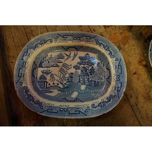 1286 - A collection of 19th century blue and white meat plates, to include a Davenport 'Well' example, 52cm... 