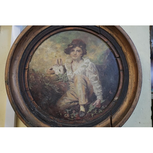 1287 - After Henry Raeburn, 'Boy and Rabbit', oil on board, 24cm diameter.