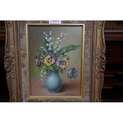 1289 - A Conway, still life of flowers in a blue vase, signed, Harrods label verso, oil on board, 20 x 14.5... 