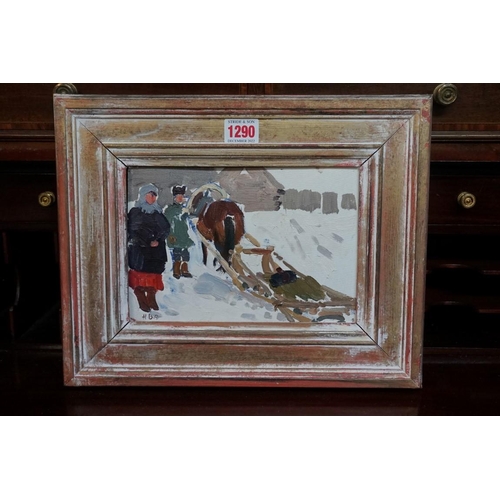 1290 - Nickolai Vasilyevich Ovchinnikov, a winter scene, initialled in Cyrillic, oil on card, 14 x 21.5cm.... 