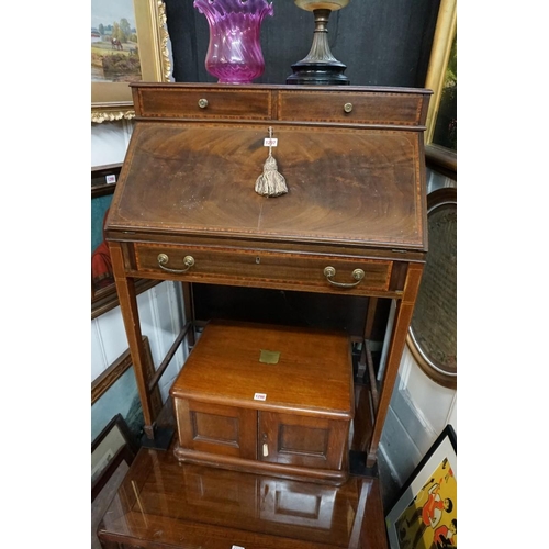 1297 - An Edwardian mahogany, line inlaid and satinwood crossbanded bureau, 74.5cm wide.