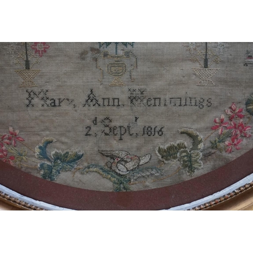 1304 - A George III needlework verse sampler, by 'Mary Ann Hemmings, 2d Sept 1816,' 49 x 42cm oval.... 