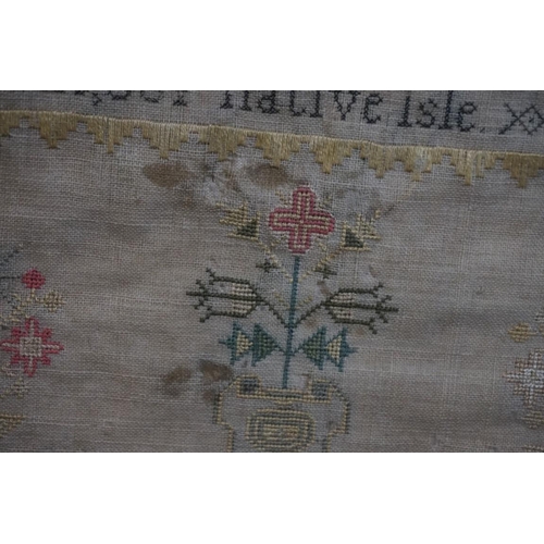 1304 - A George III needlework verse sampler, by 'Mary Ann Hemmings, 2d Sept 1816,' 49 x 42cm oval.... 