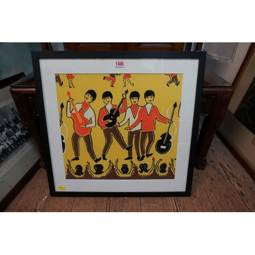 1305 - The Beatles: a 1960s fabric panel, 38 x 40.5cm, framed and glazed; together with a monochrome print ... 