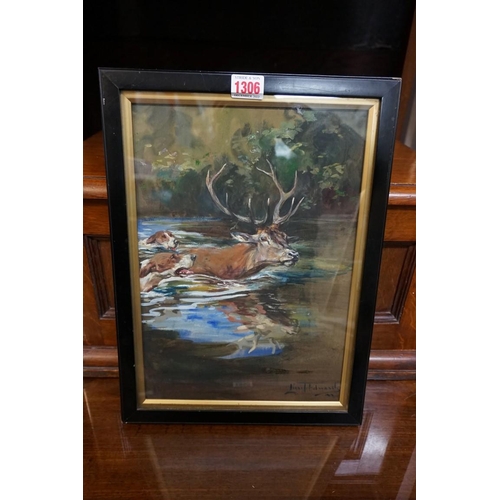 1306 - Lionel Edwards, a stag and hounds in a river, signed and indistinctly dated, watercolour and gouache... 