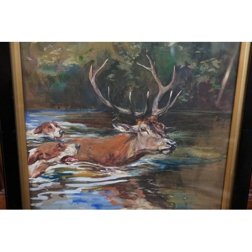 1306 - Lionel Edwards, a stag and hounds in a river, signed and indistinctly dated, watercolour and gouache... 