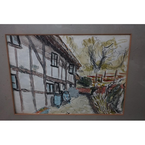 1312 - John Piper, a thatched cottage, signed, watercolour, 24.5 x 34.5cm.PLEASE NOTE: Artist's Resale Righ... 