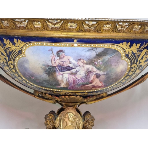 1679 - A large and impressive 19th century Sevres style and gilt bronze mounted twin handled centrepiece, p... 