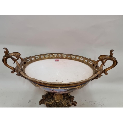 1679 - A large and impressive 19th century Sevres style and gilt bronze mounted twin handled centrepiece, p... 