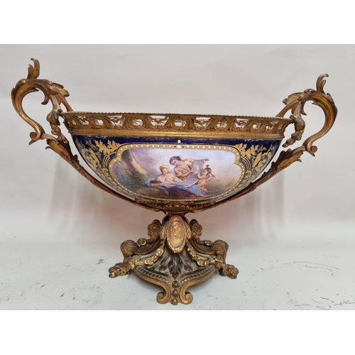 1679 - A large and impressive 19th century Sevres style and gilt bronze mounted twin handled centrepiece, p... 