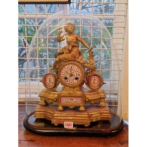 1681 - A late 19th century gilt brass and pink porcelain mantel clock, 32cm high, with pendulum, on gi... 