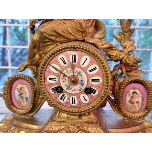 1681 - A late 19th century gilt brass and pink porcelain mantel clock, 32cm high, with pendulum, on gi... 