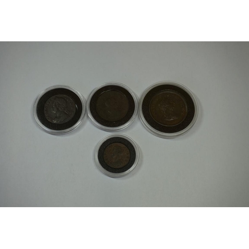 448 - Coins: four Georgian copper coins; to include an 1807 Soho Mint copper penny; and a George II 1752 c... 