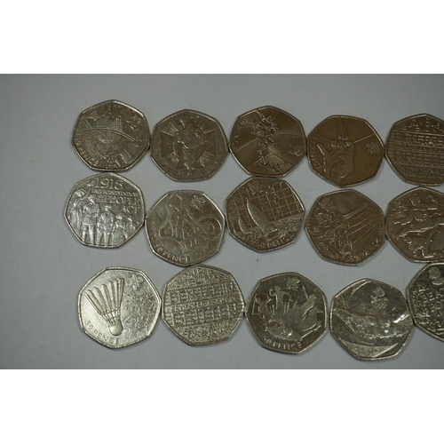 455 - Coins: twenty one collectable 50p coins, comprising: Archery; Badminton; Beatrix Potter Portrait; Ba... 