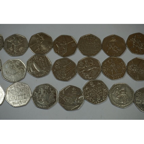 455 - Coins: twenty one collectable 50p coins, comprising: Archery; Badminton; Beatrix Potter Portrait; Ba... 