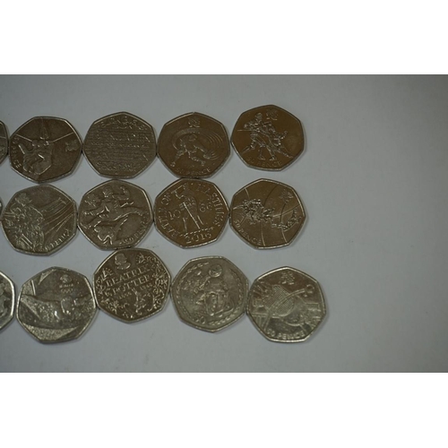 455 - Coins: twenty one collectable 50p coins, comprising: Archery; Badminton; Beatrix Potter Portrait; Ba... 