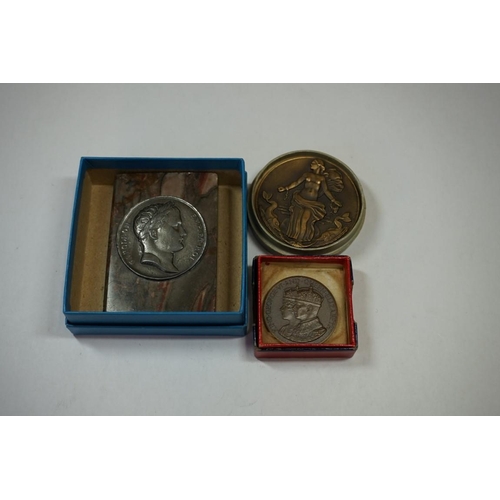 458 - Medals: a marble 'Napoleon Bonaparte' book form paperweight, 7.3cm; together with a boxed Liberte Fr... 