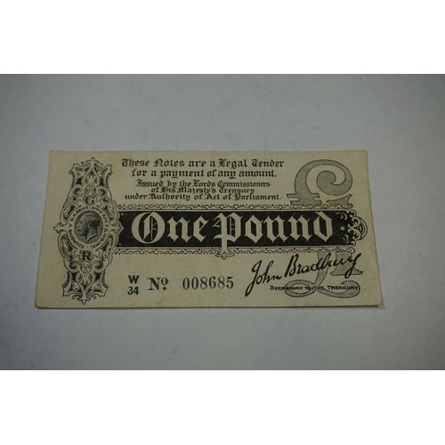 468 - Banknotes: a Treasury 1914 Ist issue John Bradbury one pound note, No W34/ 008685.