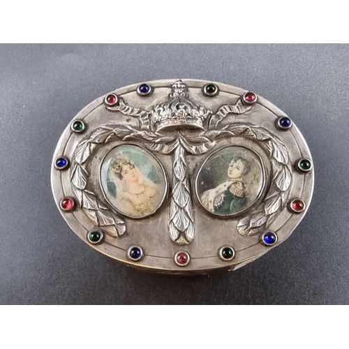 541 - A 19th century French Napoleon & Josephine commemorative oval white metal casket, the hinged cov... 