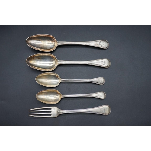 592 - Five Swedish white metal Old English thread pattern spoons, by Mollenborg, Stockholm and other maker... 