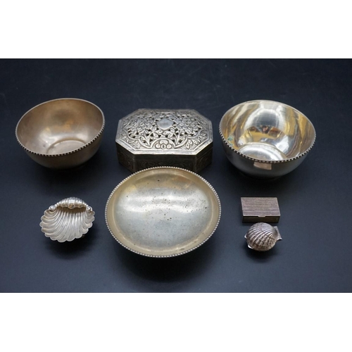 633 - Three Portuguese white metal bowls, stamped 833, largest 11cm diameter; together with a pierced whit... 