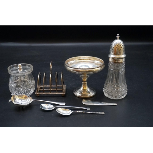 635 - A group of silver and silver mounted items; to include a cut glass sugar caster; and a bonbon dish, ... 