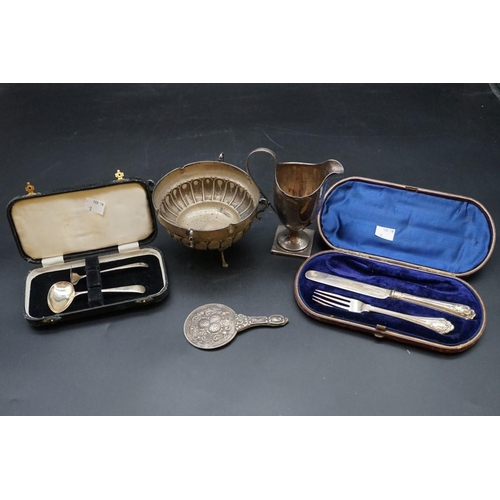 649 - A white metal bowl, stamped 925; together with other silver items, 72g weighable; and a miniature me... 