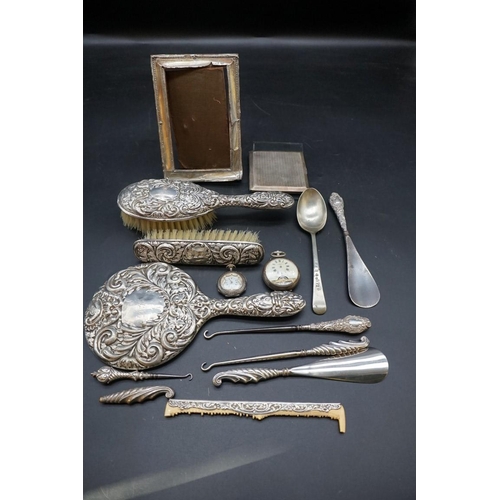 656 - A quantity of silver and silver mounted items; together with a silver fob watch and a British milita... 