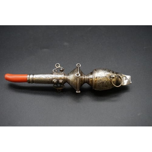 667 - A George III silver baby's rattle and whistle, having coral teether, by Edward Mayfield, London 1804... 