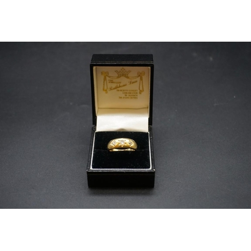 675 - A Victorian 18ct gold gypsy ring set three old cut diamonds, hallmarked London 1885, size N, gross w... 