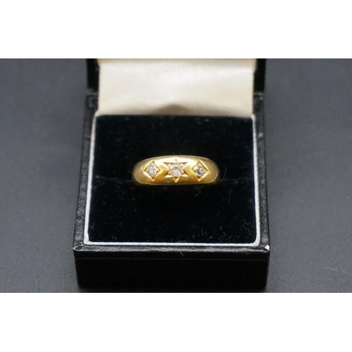 675 - A Victorian 18ct gold gypsy ring set three old cut diamonds, hallmarked London 1885, size N, gross w... 