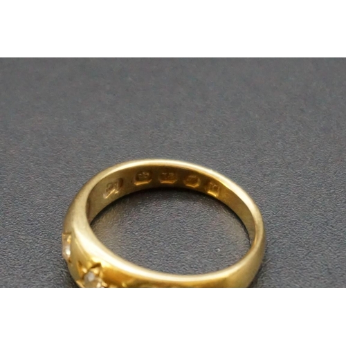 675 - A Victorian 18ct gold gypsy ring set three old cut diamonds, hallmarked London 1885, size N, gross w... 