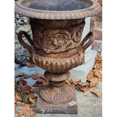 1089 - A pair of cast iron twin handled Campana urns, 49.5cm high.