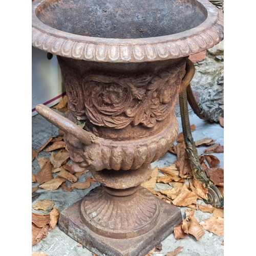 1089 - A pair of cast iron twin handled Campana urns, 49.5cm high.