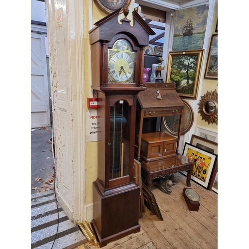 1288 - A reproduction mahogany longcase clock, 196.5cm high, with pendulum and three weights. ... 