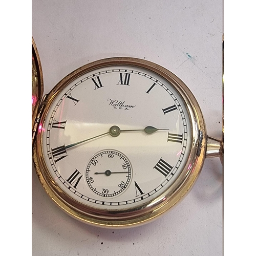 998T - A vintage Waltham gold plated stem wind hunter cased pocket watch, 50mm; together with an ornate gil... 