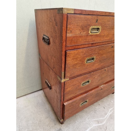 1077 - An antique teak and brass bound campaign chest, labelled 'Manufactured by S W Silver & Co,...Lon... 