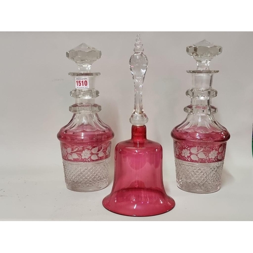 1401 - A good pair of cranberry flashed cut glass decanters and stoppers, 30.5cm high; together with a cran... 