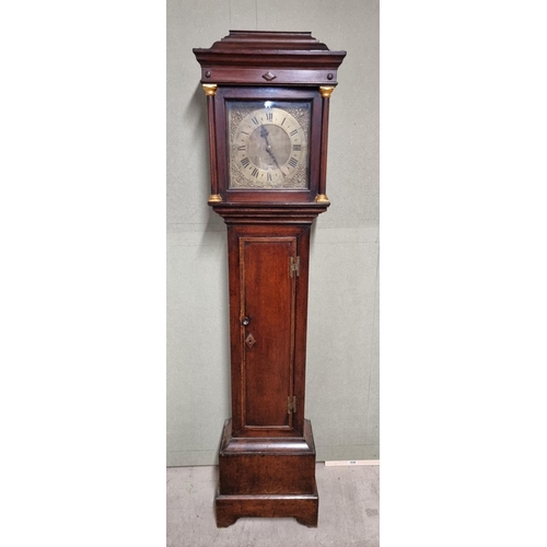 1045 - An 18th century oak thirty hour longcase clock, the 11in brass square dial inscribed 'Thos Hall, Rum... 