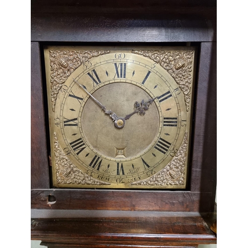 1045 - An 18th century oak thirty hour longcase clock, the 11in brass square dial inscribed 'Thos Hall, Rum... 