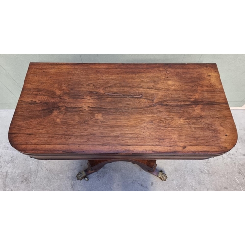 1057 - A William IV rosewood pedestal card table, with unusual brass push button lock mechanism, 91cm ... 