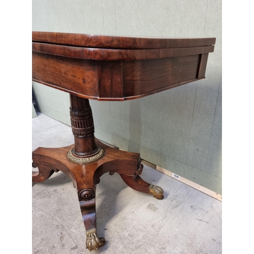 1057 - A William IV rosewood pedestal card table, with unusual brass push button lock mechanism, 91cm ... 