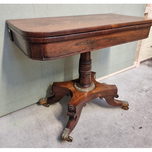 1057 - A William IV rosewood pedestal card table, with unusual brass push button lock mechanism, 91cm ... 