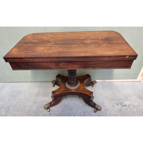 1057 - A William IV rosewood pedestal card table, with unusual brass push button lock mechanism, 91cm ... 