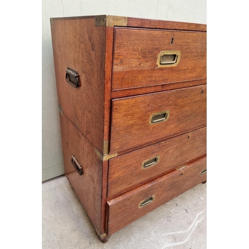 1077 - An antique teak and brass bound campaign chest, labelled 'Manufactured by S W Silver & Co,...Lon... 